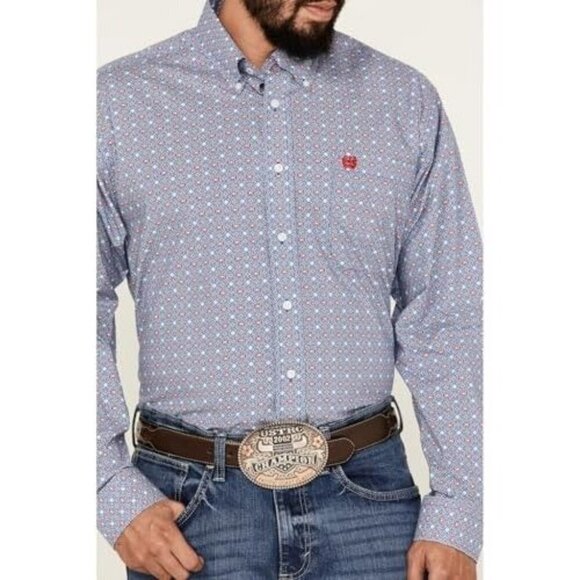 Cinch Men's LG Medallion Print Stretch Button Down Western Shirt Royal - Picture 1 of 5